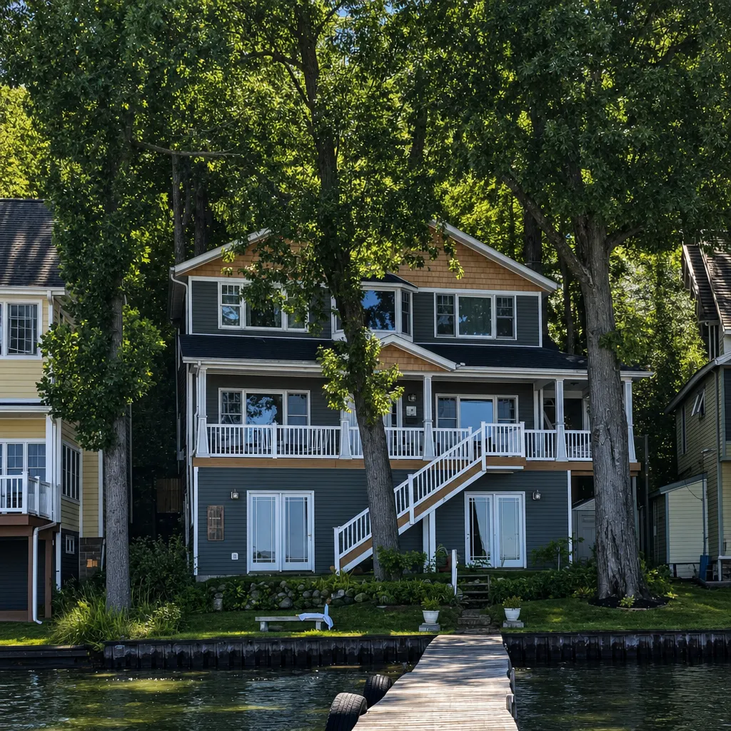 The Klinger Kastle house seen from the lake, framed by tall trees with a dock in the foreground.